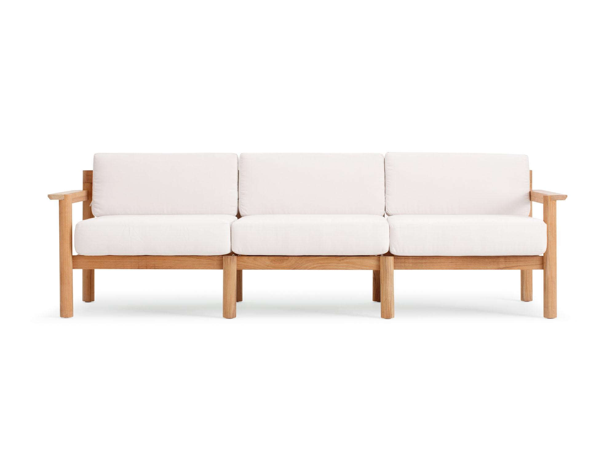 Front view of outdoor sofa with white cushions
